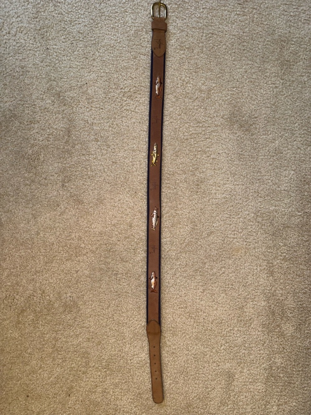 Guy Harvey Fish Embroidered Canvas & Leather Belt – Size 32 (Coastal / Fishing)